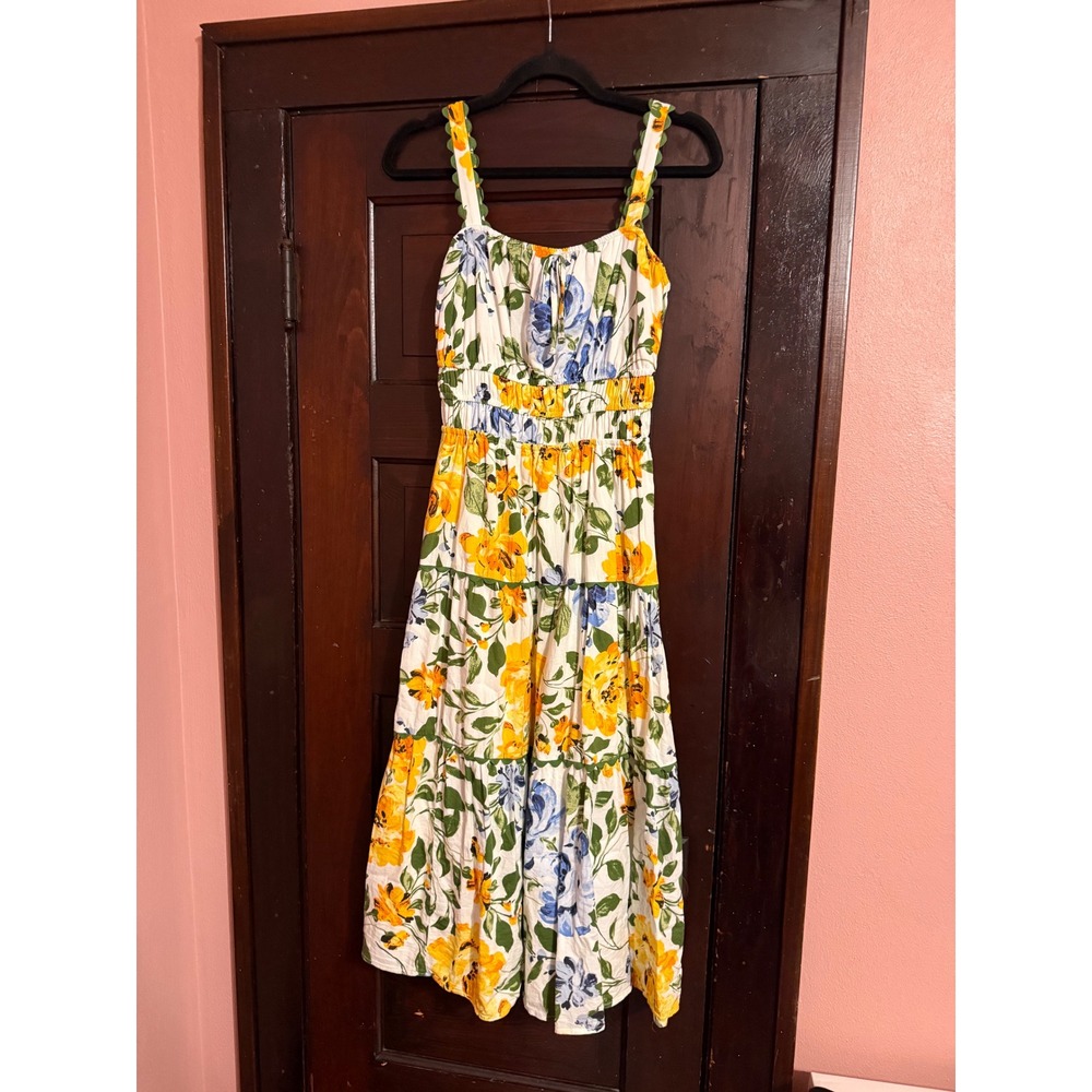 LC Lauren Conrad Floral Smocked Midi Dress White Yellow Blue PM Petite Medium